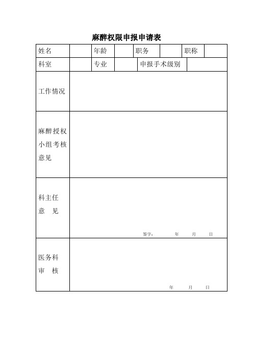 麻醉医师资格准入、权限申报申请表、麻醉医师申请授权表