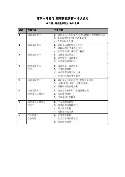 浦东中考补习语文 新王牌培训机构寒假教学计划 杨U老师