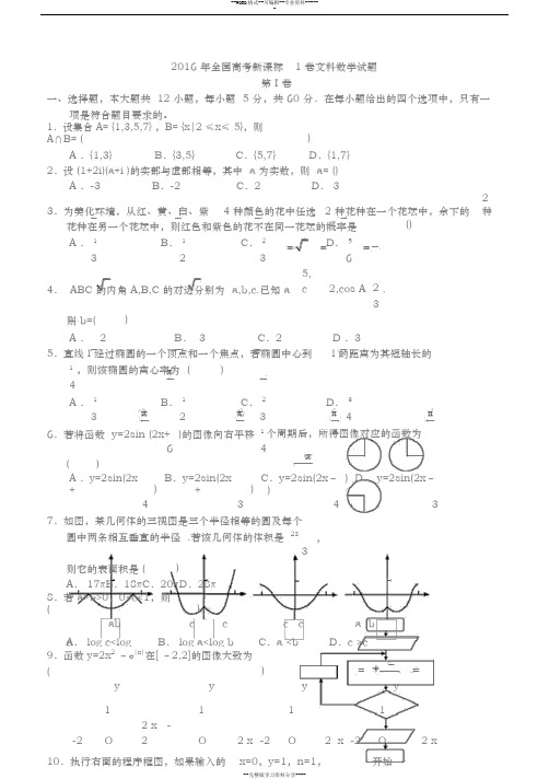 2016年全国高考新课标1卷文科数学试卷与答案解析