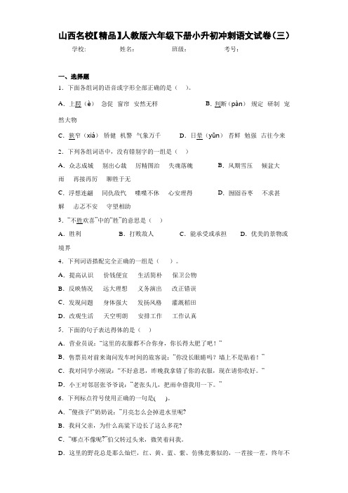 小学山西名校人教版六年级下册小升初冲刺语文试卷(三)(含答案解析)