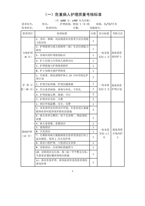 危重病人护理质量考核标准