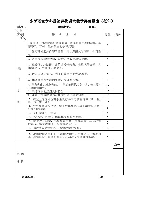 小学语文学科课堂教学评价量表低年级