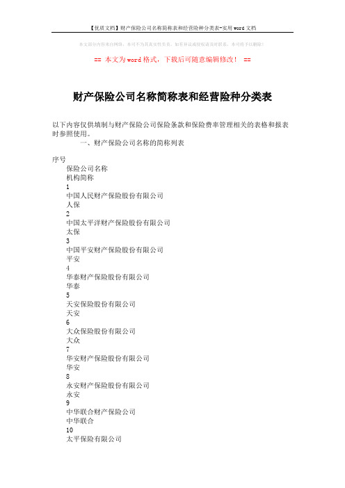 【优质文档】财产保险公司名称简称表和经营险种分类表-实用word文档 (4页)