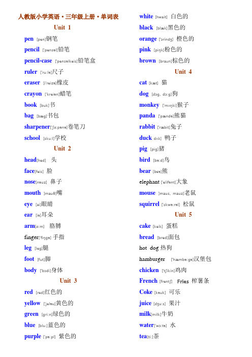 人教版(PEP)小学英语·三-六年级单词表(带有音标)