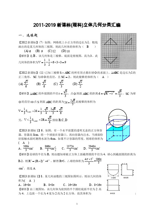 2011-2019高考数学立体几何分类汇编(理)