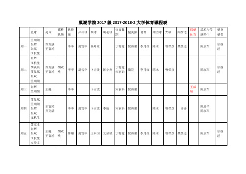 巢湖学院2017级2017-2018-2大学体育课程表