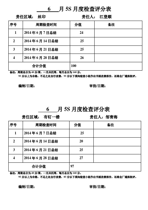 5S月度检查评分表