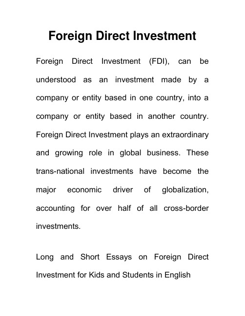 论外商直接投资 Foreign Direct Investment 英语作文