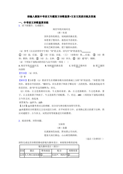 部编人教版中考语文专题复习诗歌鉴赏+文言文阅读训练及答案