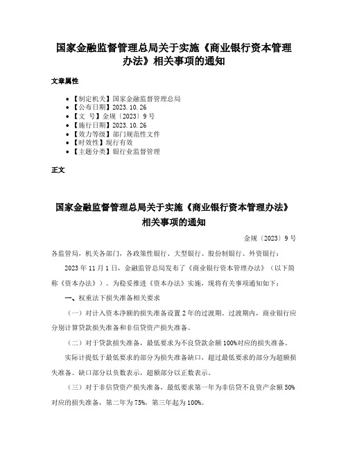 国家金融监督管理总局关于实施《商业银行资本管理办法》相关事项的通知