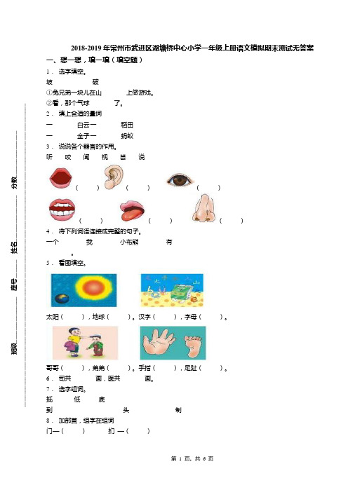 2018-2019年常州市武进区湖塘桥中心小学一年级上册语文模拟期末测试无答案