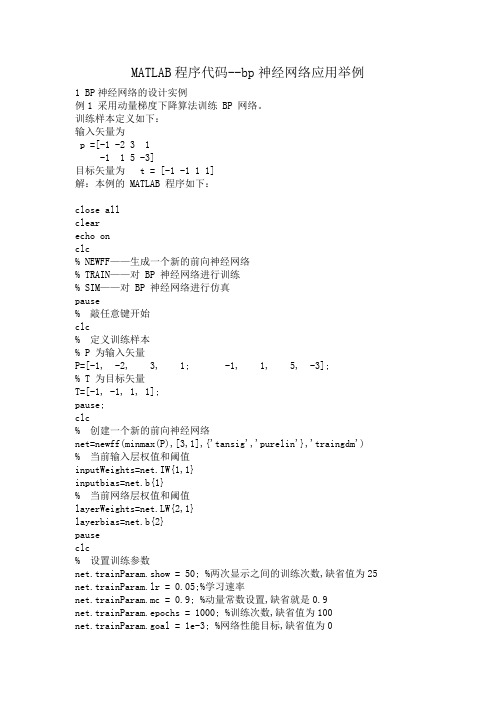 MATLAB程序代码--bp神经网络应用举例