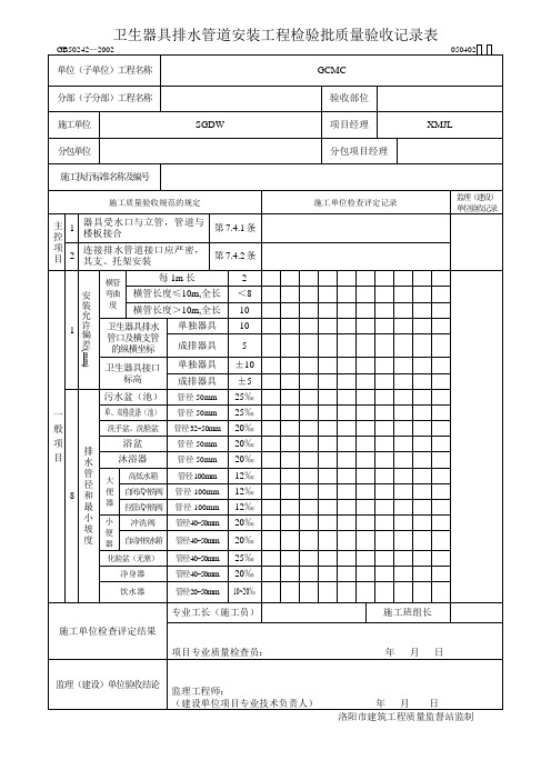 5-5-10卫生器具排水管道安装工程检验批质量验收记录表