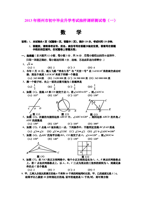 广西梧州市2013-2014学年初中毕业升学考试抽样调研测试(一)数学试题