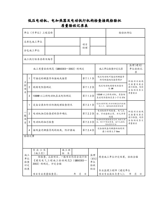 低压电动机、电加热器及电动执行机构检查接线检验批质量验收记录表