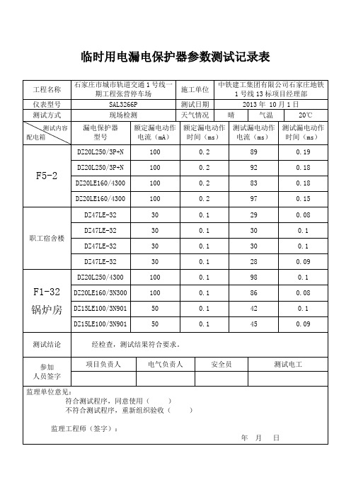 临时用电漏电保护器参数测试记录表