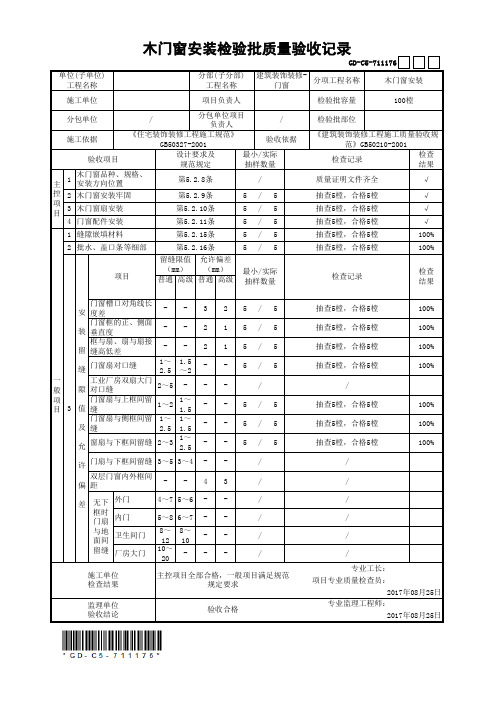 木门窗安装检验批质量验收记录(最新工程模板)