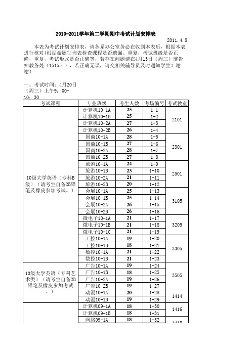 201104期中考试计划安排表