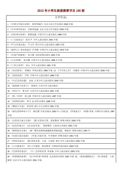 2012年小学生阅读推荐书目100部