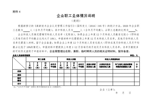 企业职工总体情况说明及科技人员名单(提纲及样表)