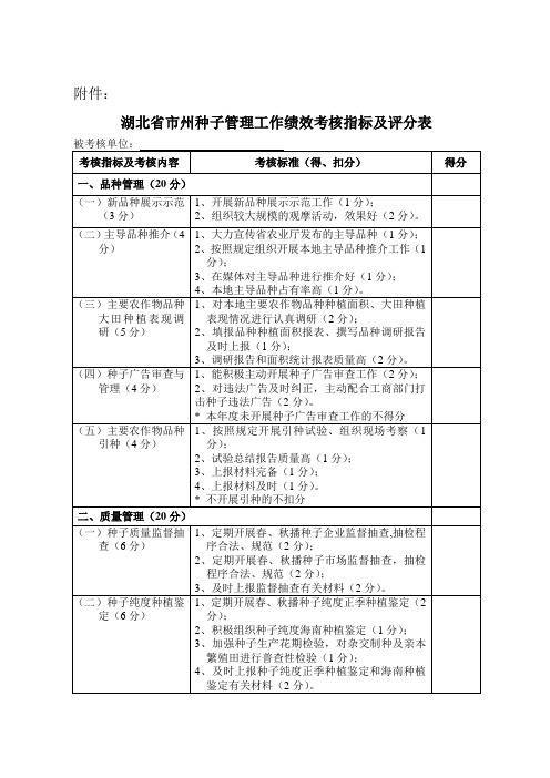 湖北省市州种子管理工作绩效考核指标及评分表