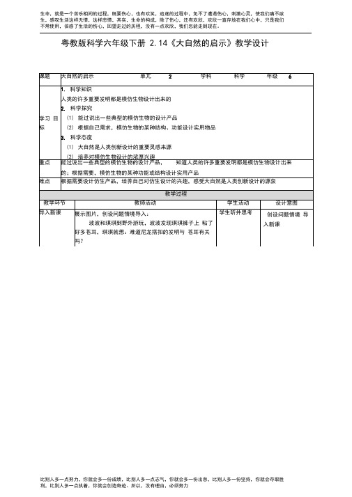 【jacky】粤教版小学科学六年级下册2.14《大自然的启示》教学设计