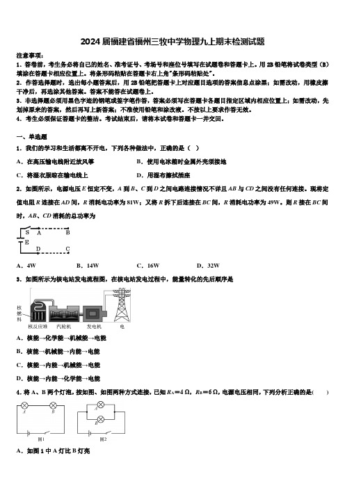 2024届福建省福州三牧中学物理九上期末检测试题含解析