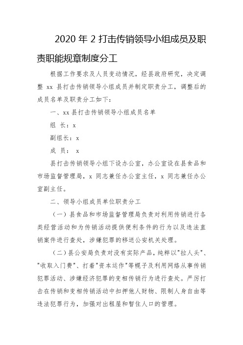 2020年2打击传销领导小组成员及职责职能规章制度分工