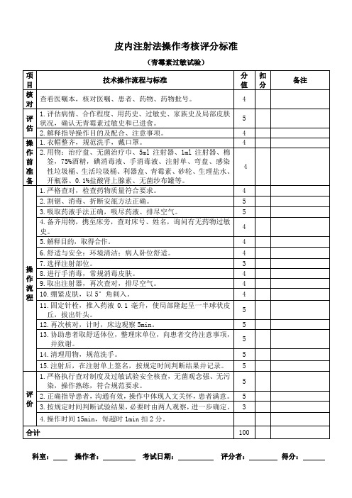 皮内注射术操作评分标准