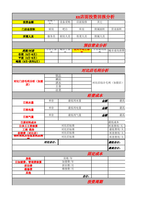 店面投资回报分析表