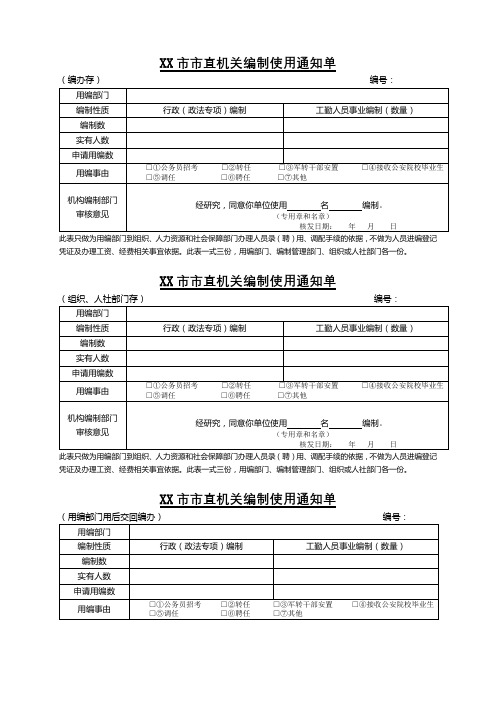 XX市市直机关编制使用通知单【模板】