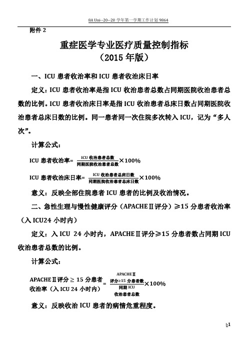 重症医学专业医疗质量控制指标(2015版)