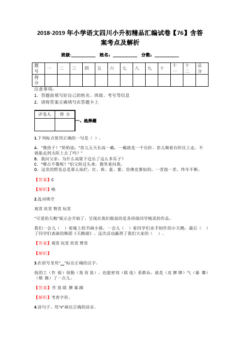 2018-2019年小学语文四川小升初精品汇编试卷【76】含答案考点及解析