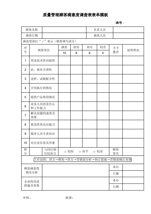 质量管理顾客满意度调查表表单模板