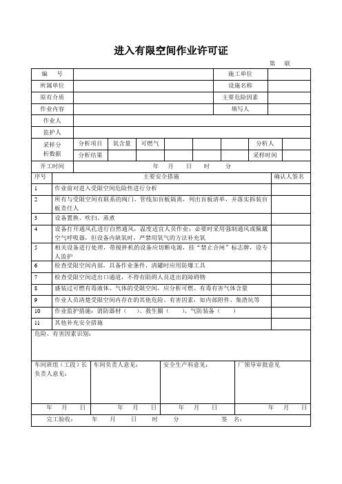 进入有限空间作业许可证