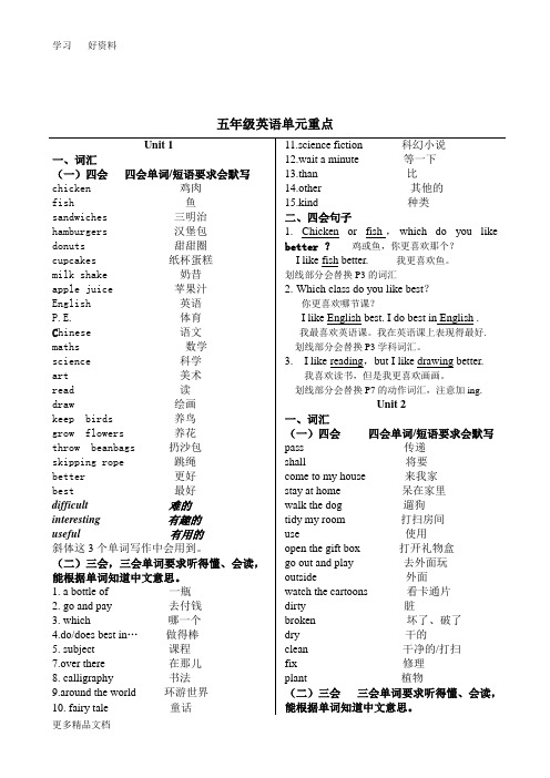 北京版五年级上英语单元重点汇编