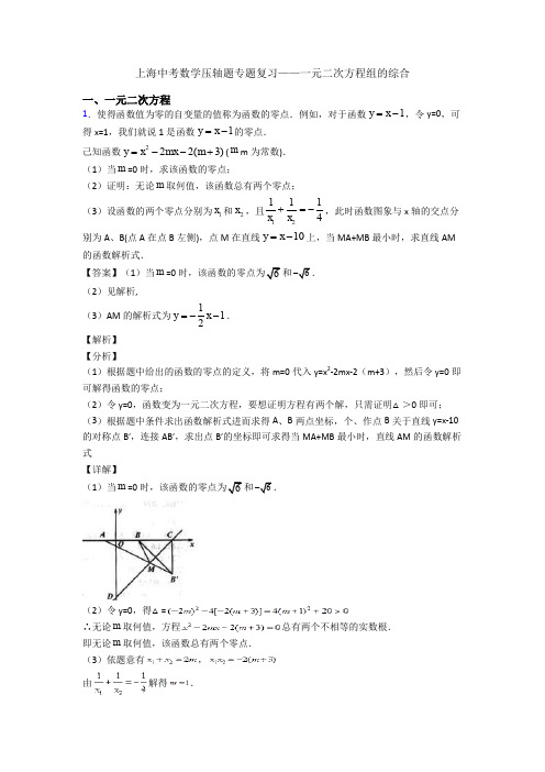 上海中考数学压轴题专题复习——一元二次方程组的综合