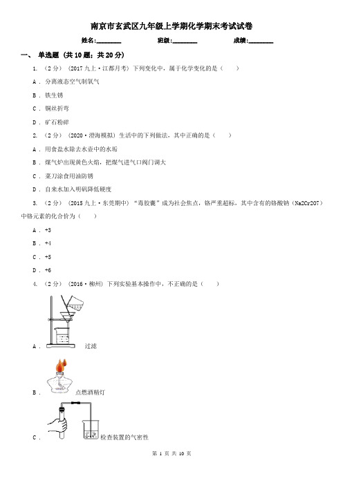 南京市玄武区九年级上学期化学期末考试试卷