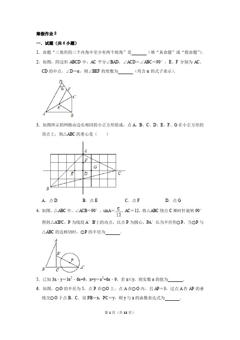 2020九年级数学综合试卷中考试题模拟考试综合练习寒假作业1含答案解析寒假作业8