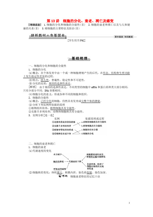 优化方案2017版高考生物大一轮复习第四单元细胞的生命历程第13讲细胞的分化、衰老、凋亡及癌变讲义