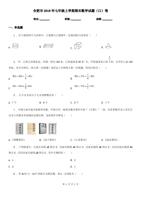 合肥市2019年七年级上学期期末数学试题(II)卷