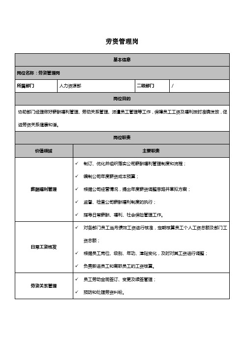 人力资源部劳资管理岗岗位说明书