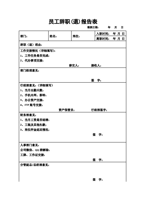 员工辞职(退)报告表