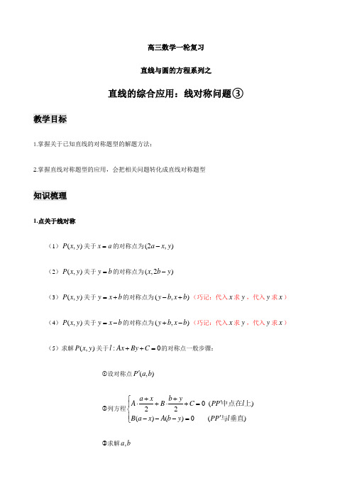 高三数学一轮复习直线与圆的方程系列之直线的综合应用:线对称问题③