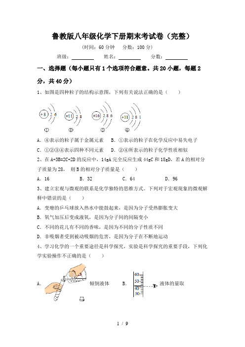 鲁教版八年级化学下册期末考试卷(完整)