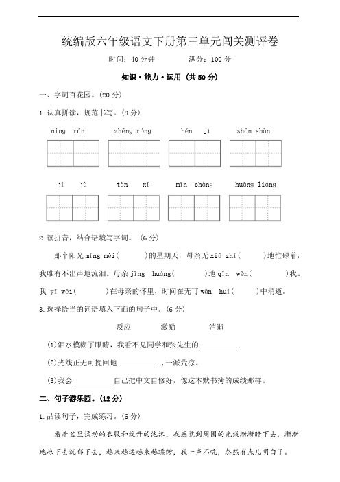 统编版六年级语文下册第三单元闯关测评卷