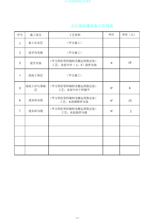 人行道砖铺设施工价格表