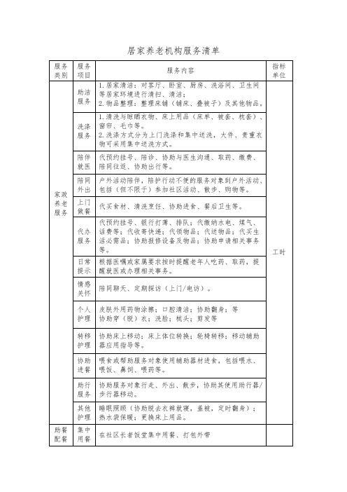 居家养老机构服务清单