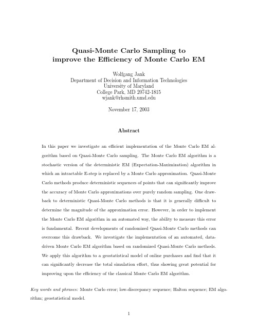 Quasi-Monte Carlo sampling to improve the efficiency of Monte Carlo EM