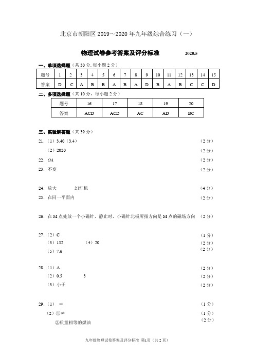 北京市朝阳区2019～2020年九年级综合练习(一)物理试卷答案及评分标准